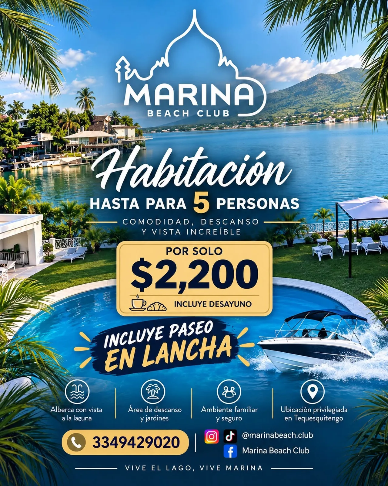 Vista panorámica del lago y alberca en Marina Beach Club